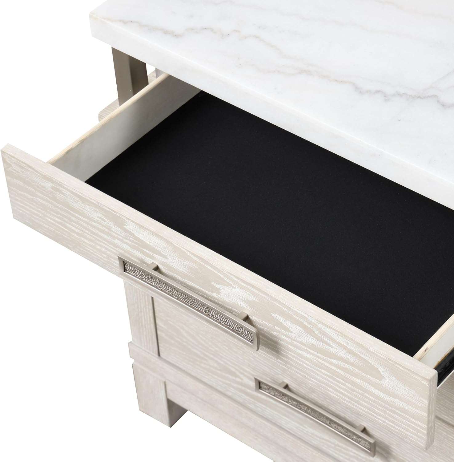 Furniture of America Bailer Modern Solid Wood 6-Piece Bedroom Set with LED on Headboard, Stainless Steal Posts and Marble Top on Nightstand, Box Spring Needed, King, Weathered Gray