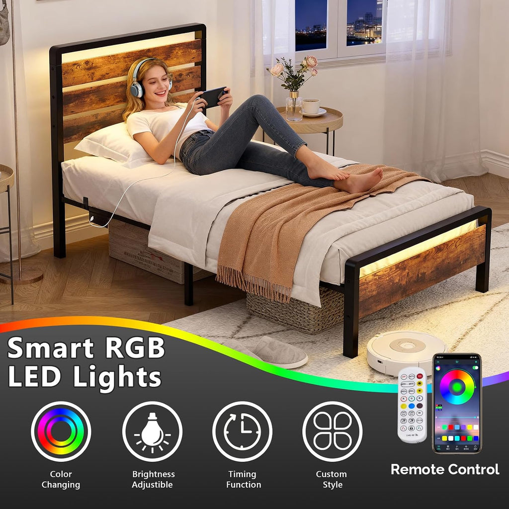 VINGLI Twin Bed Frame Set of 2 with LED Headboard & Footboard, USB Charging Station, Metal Single Platform with 12-Inch Under Bed Storage Space for Dorm Bedroom Kids Teen Guest Room, Industrial Brown