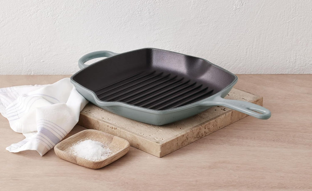 Le Creuset Enameled Cast Iron Signature Square Skillet Grill, 10.25', Sea salt