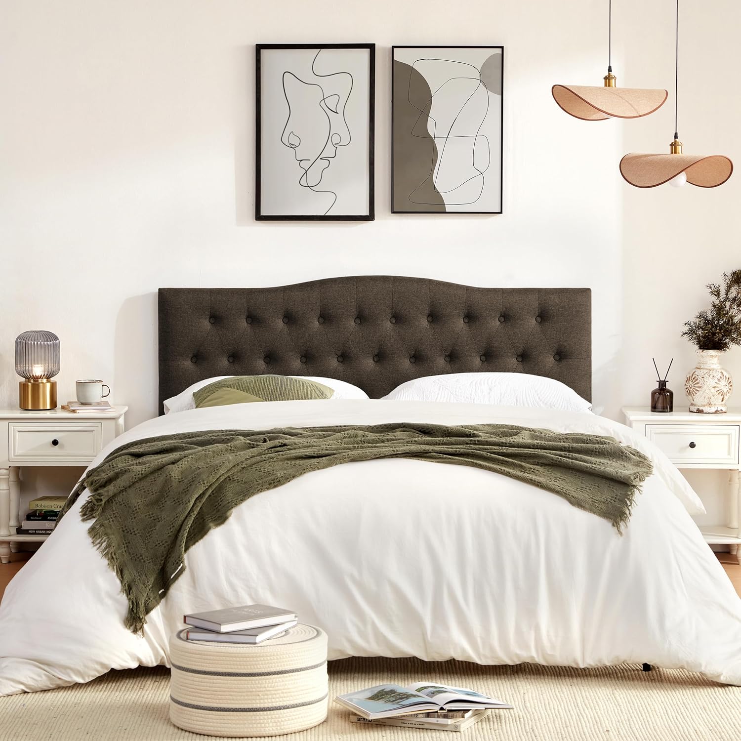 Huatean Home Tufted Upholstered Headboard King Size, Sturdy and Durable Solid Wood Bed headboard, Fabric Headboard Adjustable Height from 37' to 51', Modern Button Diamond Design Head Board, Chocolate