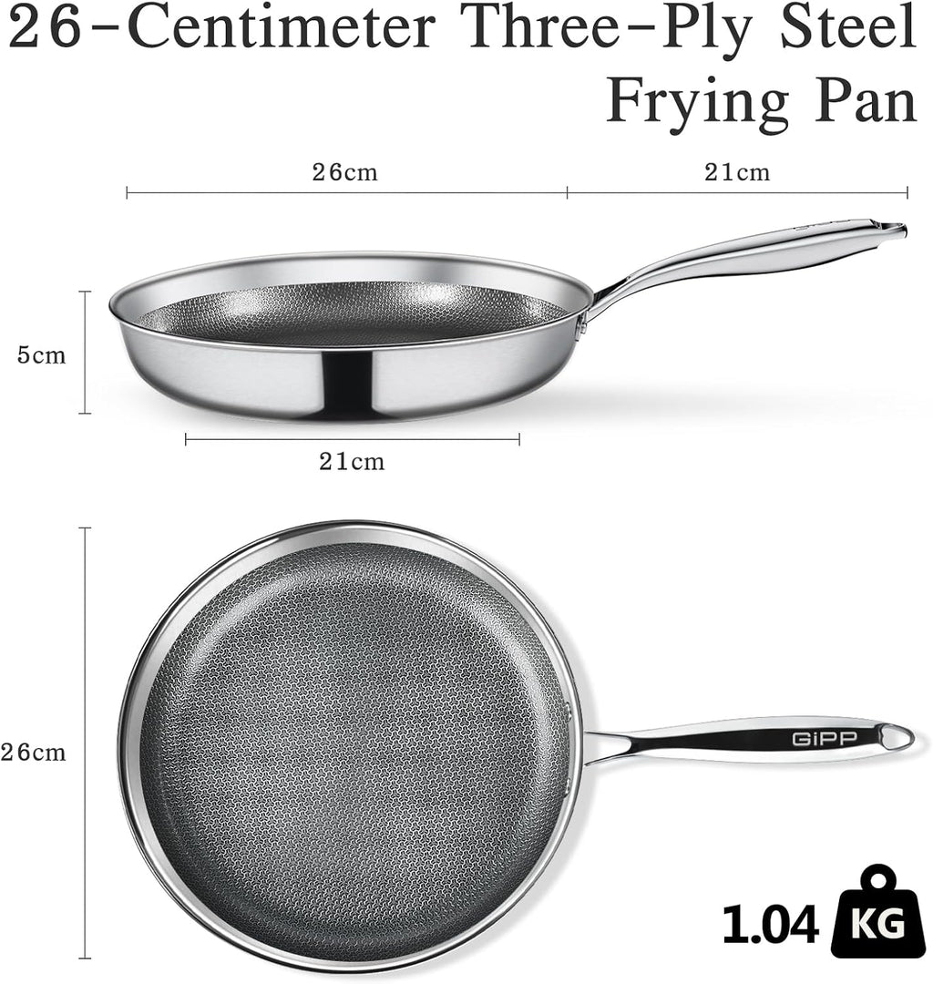 GiPP Tri-Ply Stainless Steel Frying Pan, 10 inch Hybrid Frying Pans Nonstick Skillets, Dishwasher and Oven-Safe, Induction Ready, Compatible with All Cook tops, PFOS/PFOA Free