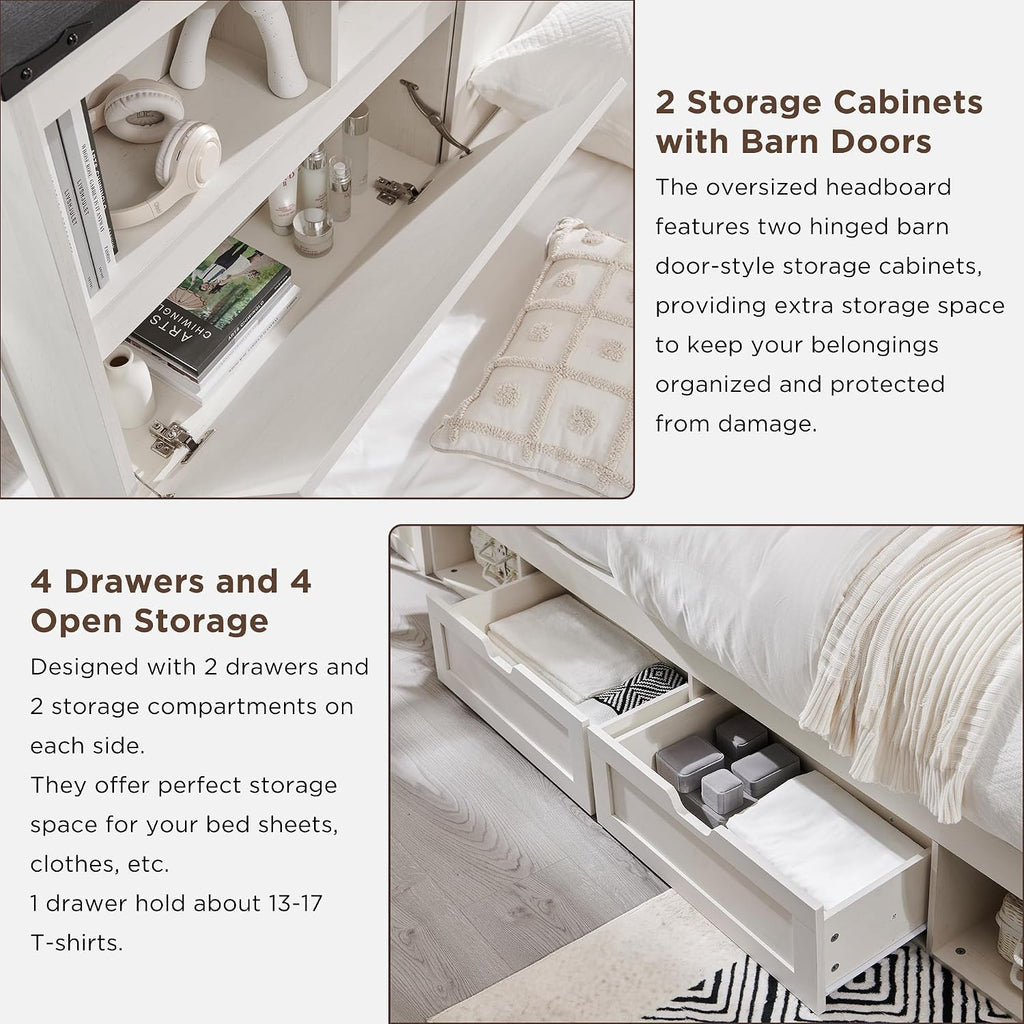 ACCOHOHO Farmhouse King Size Bed Frame with 52' High Storage Bookcase Headboard and 4 Drawers,Wooden Bed Frame with LED Light and Charging Station,White
