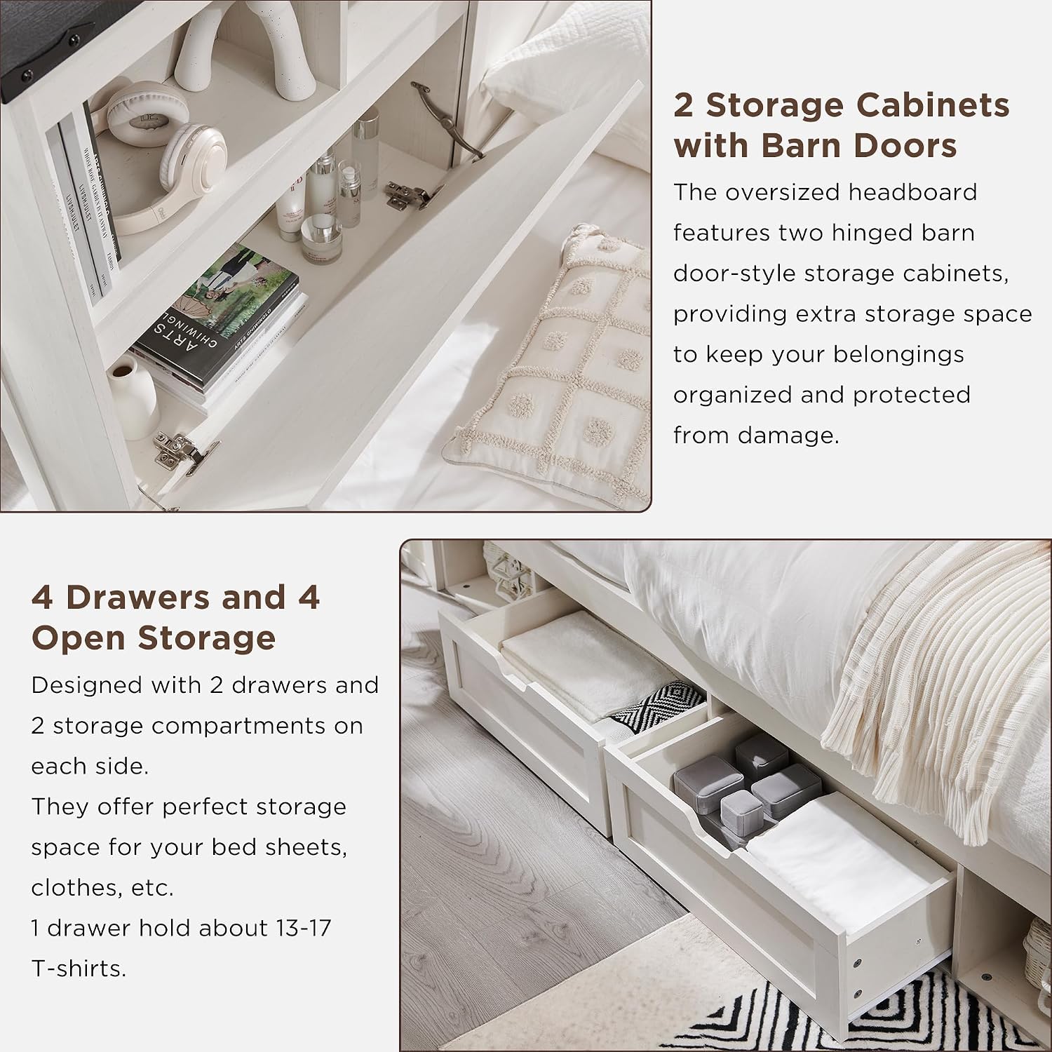 ACCOHOHO Farmhouse King Size Bed Frame with 52' High Storage Bookcase Headboard and 4 Drawers,Wooden Bed Frame with LED Light and Charging Station,White