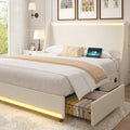 VECELO Full Size Bed Frame with Storage Drawers, Upholstered Platform Bedframe with Wingback Headboard, No Box Spring Needed, Beige