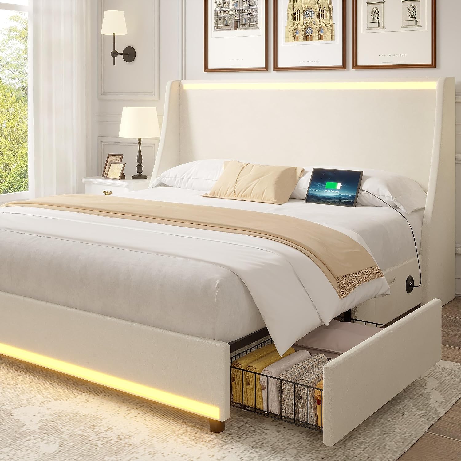 VECELO Full Size Bed Frame with Storage Drawers, Upholstered Platform Bedframe with Wingback Headboard, No Box Spring Needed, Beige