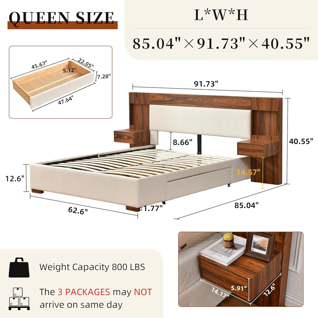 Queen Size Wood Bed Frame with Built-in Nightstands, Linen Platform Bed Frame with 2 Drawers, Natural Wood Grain & Luxury Upholstered Storage Headboard，No Box Spring Needed, Easy Assembly, Cream