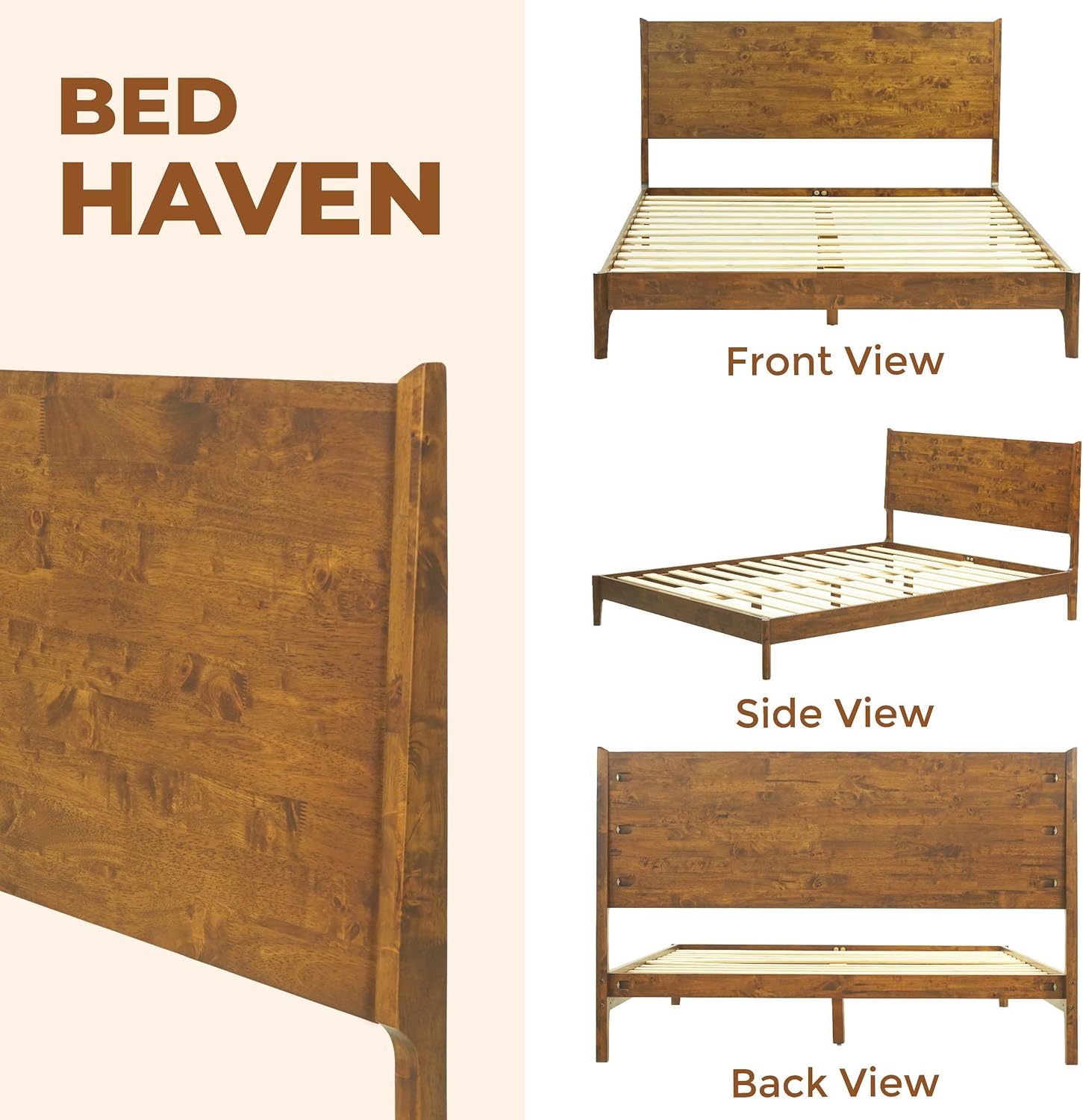 Acacia Haven King Wooden Bed Frame, 100% Solid Wood Platform Bed with Headboard, All Mattress Support & No Box Spring Needed, Effortless Assembly, 800 lbs Capacity, Caramel.
