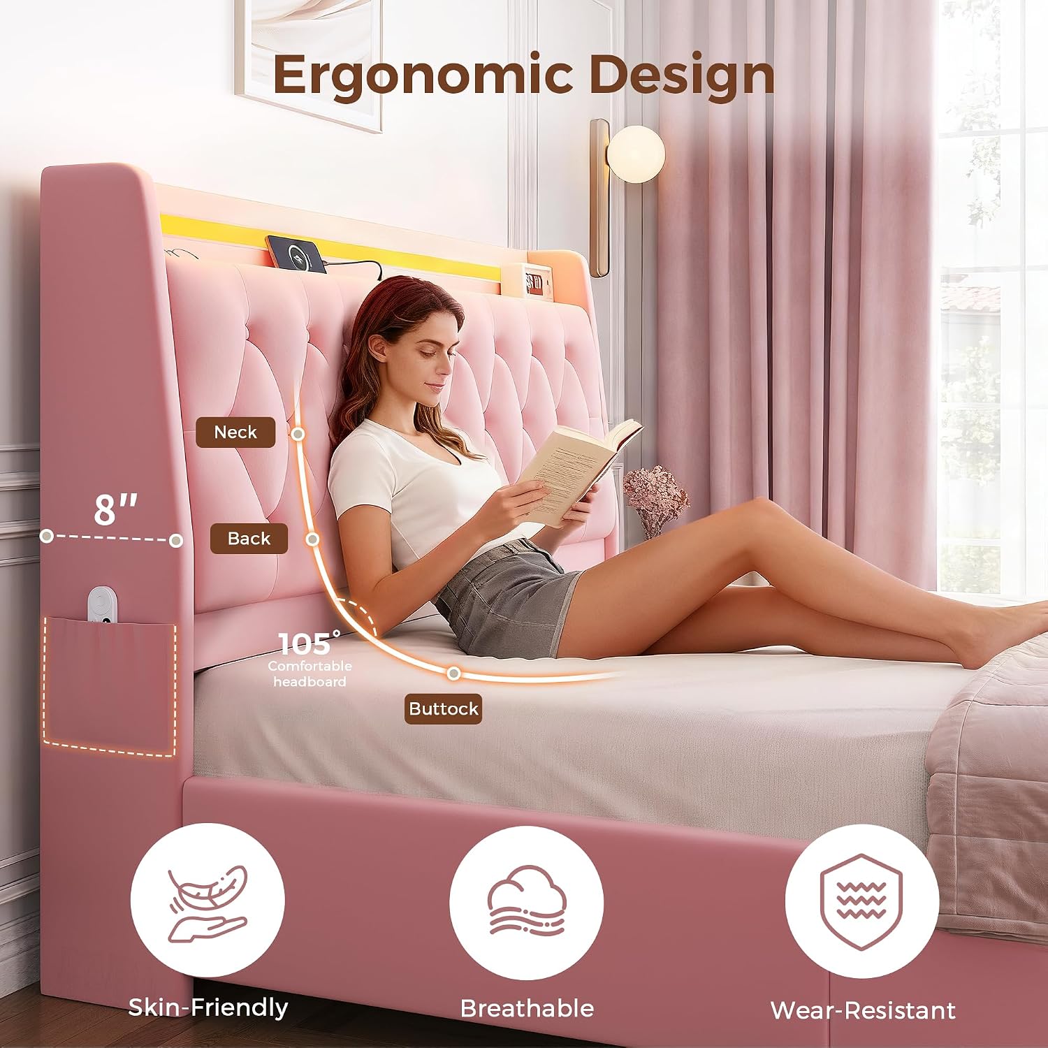Queen LED Velvet Bed Frame with 2 Storage Drawers&Hidden Headboard, Upholstered Platform Bed with Charging Station&Button Tufted Design, Wooden Slats Support, Box Spring Optional, Easy Assembly, Pink