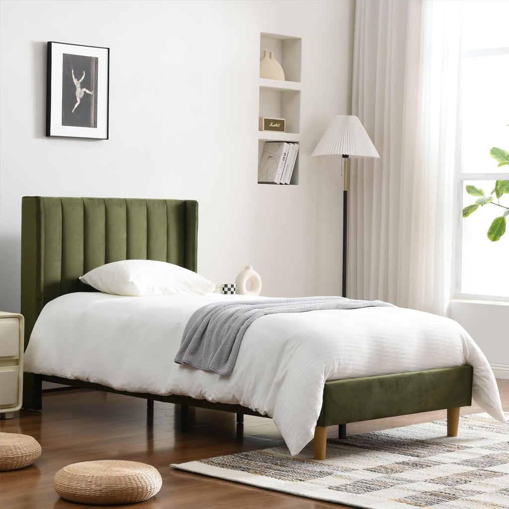 YUHUASHI upholstered Platform Bed Frame/Twin Bed Frame/Modern Geometric Double-Wing Design headboard/Velvet Fabric/Easy to Assemble no Noise (Grass Green, Twin)
