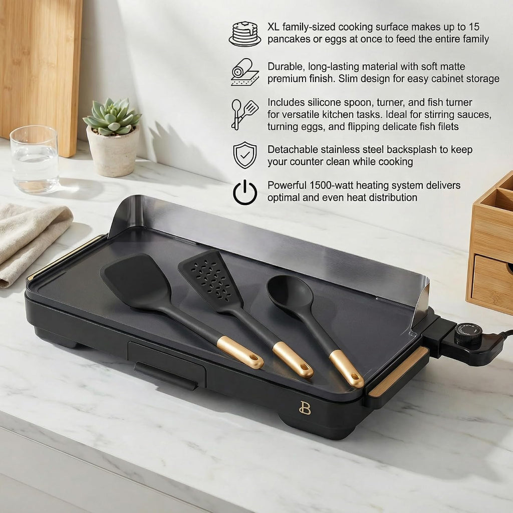 XL Electric Griddle 12' x 22' with Ceramic Nonstick Coating and Removable Heat Control with 3-Piece Silicone Spoon, Black Sesame Flat Top Electric Grill with Drip Tray and Backsplash