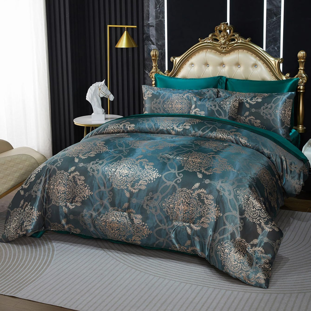 Green Jacquard King Comforter Set Sheet Set Elegant Bedding Set 8 Pcs Embroidery Neoclassical Floral Pattern Bed Home Decor Soft Down Comforter Luxury Hotel Silky Bed in a Bag with 1 Cushion Cover