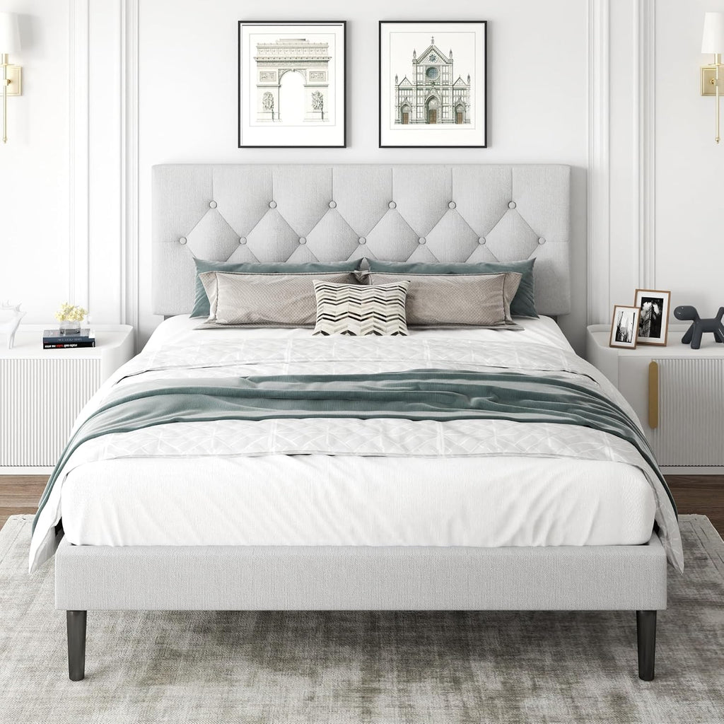 CXVX Queen Size Platform Bed Frame with Upholstered Headboard, Button Tufted Design, Strong Wooden Slats, No Box Spring Needed, Easy Assembly, Noise Free