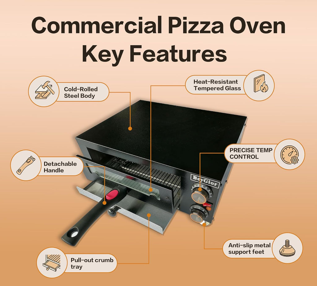Electric Pizza Oven Indoor,12 inch Countertop Pizza Maker with Viewing Window,Stainless Steel Commercial Pizza Oven, Removable Handle,Dual Baking Trays and Oven Mitts