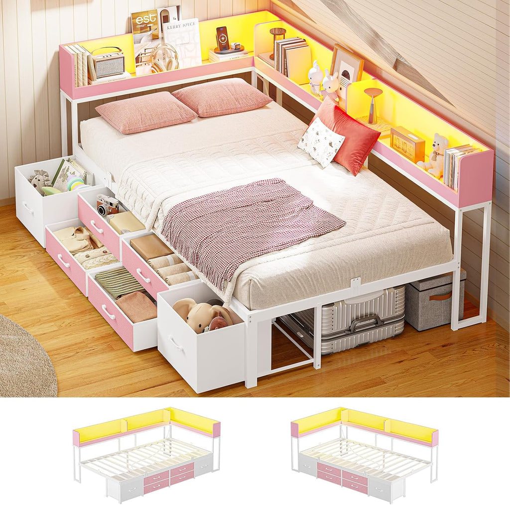 MSmask 14 Inch Corner Bed Frame with Bookcase Storage, Twin Daybed with 6 Drawers, Charging Station and LED Light, Twin Size Metal Platform Bed Frame for Kids Teenagers, Pink