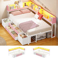 MSmask 14 Inch Corner Bed Frame with Bookcase Storage, Twin Daybed with 6 Drawers, Charging Station and LED Light, Twin Size Metal Platform Bed Frame for Kids Teenagers, Pink
