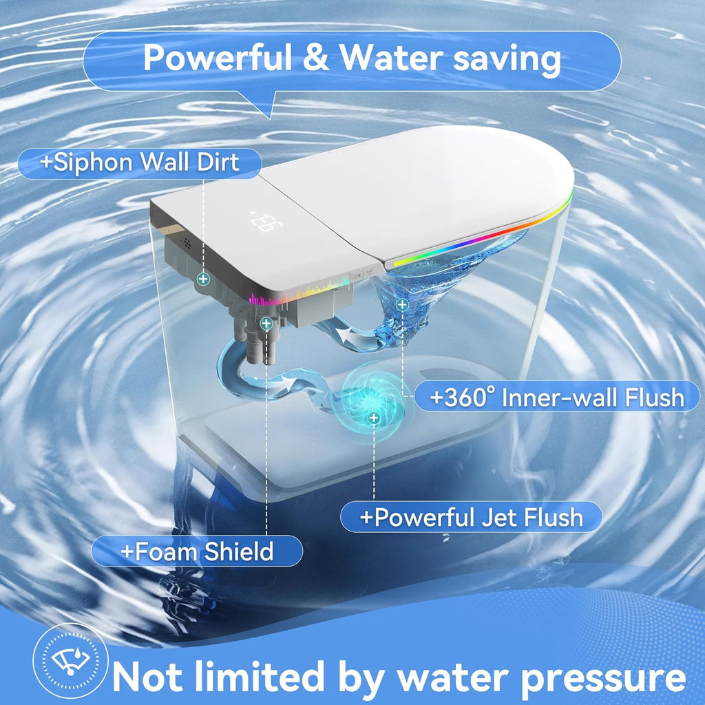 Smart Toilet with Bidet Built-in,One Piece Toilet with Foam Shield,Auto Open/Close Lid,Heated Seat,Warm Water Sprayer & Dryer,Adjustable Night Light,Auto Flush