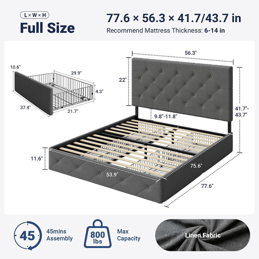 Allewie Upholstered Full Size Platform Bed Frame with 4 Storage Drawers and Headboard, Diamond Stitched Button Tufted, Mattress Foundation with Wooden Slats Support, No Box Spring Needed, Light Grey