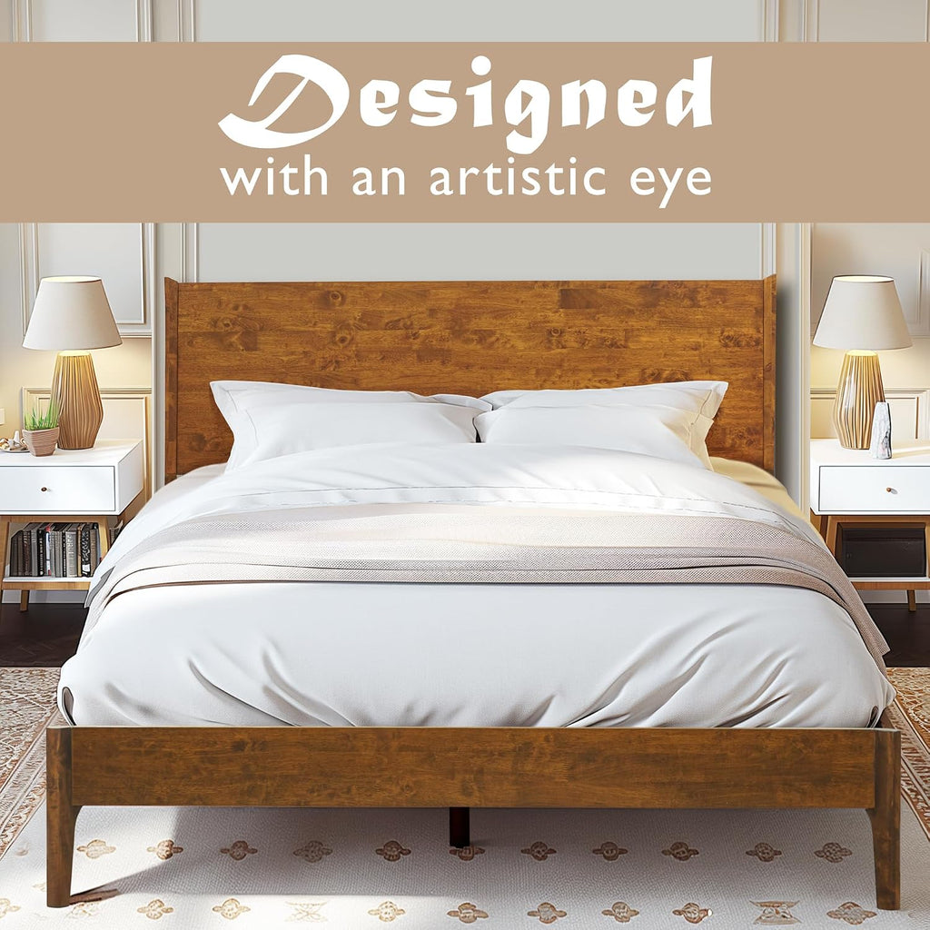Acacia Haven King Wooden Bed Frame, 100% Solid Wood Platform Bed with Headboard, All Mattress Support & No Box Spring Needed, Effortless Assembly, 800 lbs Capacity, Caramel.
