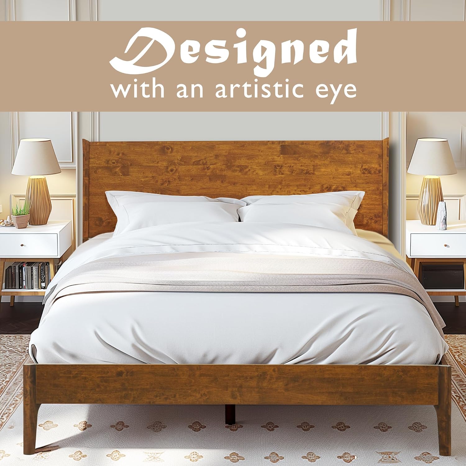 Acacia Haven King Wooden Bed Frame, 100% Solid Wood Platform Bed with Headboard, All Mattress Support & No Box Spring Needed, Effortless Assembly, 800 lbs Capacity, Caramel.