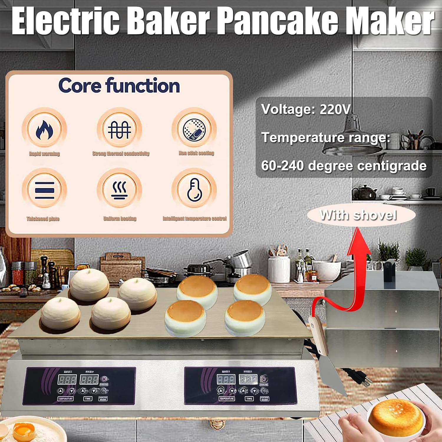 Electric Souffle Maker & Dorayaki Baker Stainless Steel with Double Pure Copper Plates 60-240°C Commercial Grade Souffle Pancake & Muffin Griddle Machine Digital Display Dualhead