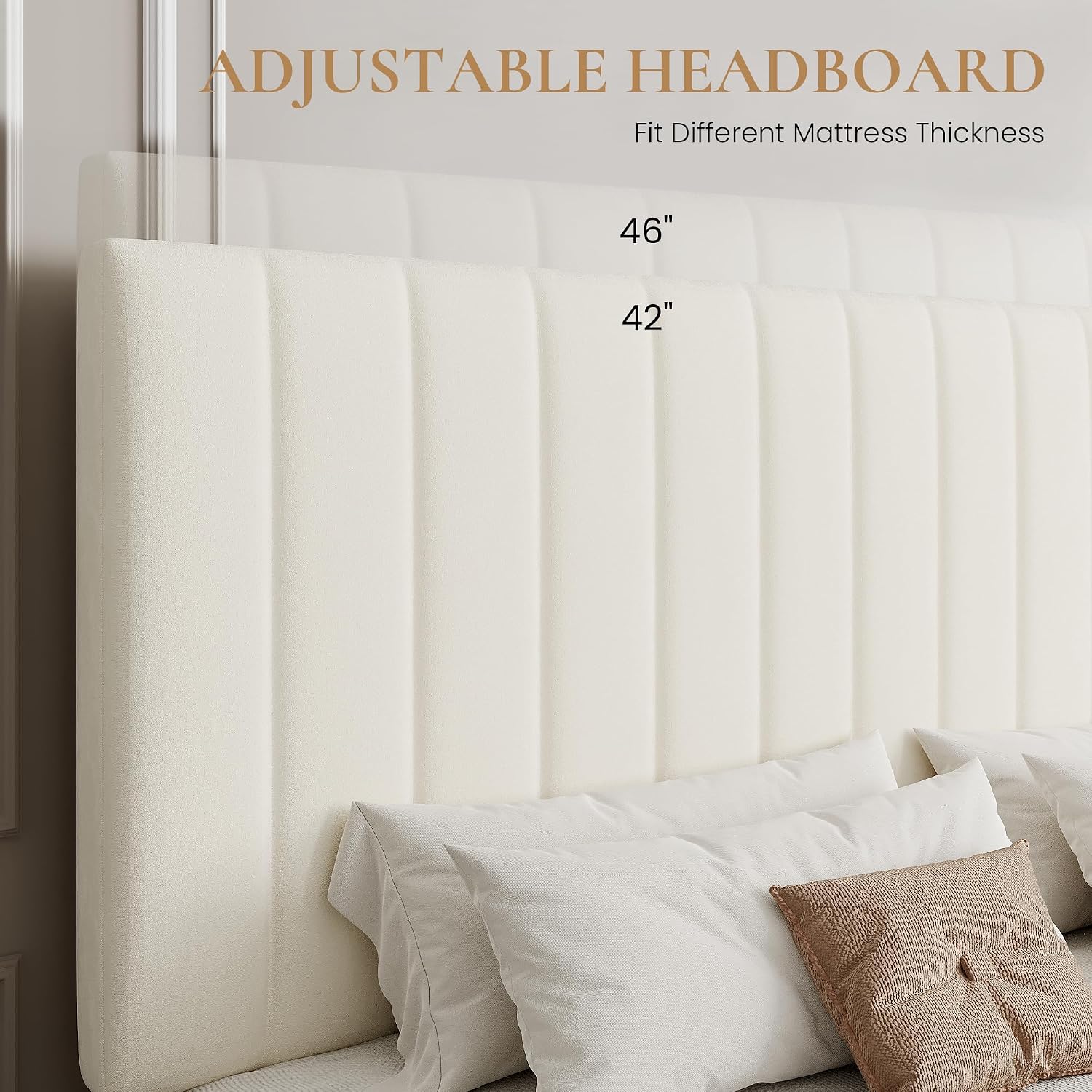 SHA CERLIN King Size Platform Bed Frame with 4 Storage Drawers, Vertical Channel Tufted Adjustable Headboard, Velvet Upholstered, Wooden Slats Support, No Box Spring Needed, Easy Assembly, Cream