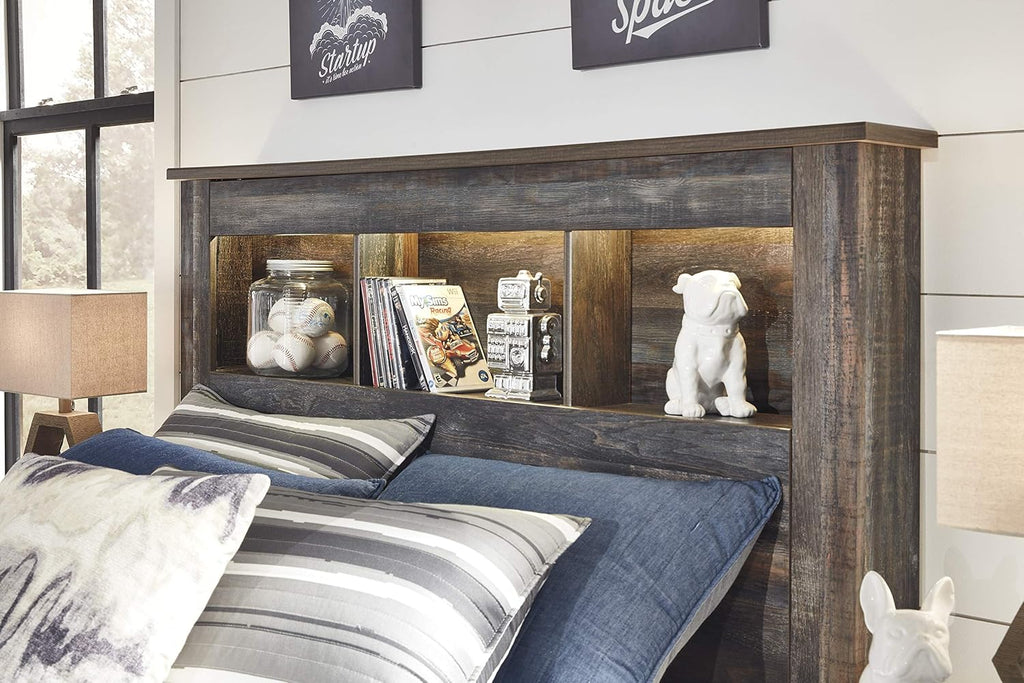 Signature Design by Ashley Drystan Rustic Full Bookcase Bed with 2 Storage Drawers, Open Cubbies and LED Light, Foundation or Box Spring Not Needed, Dark Brown & Gray