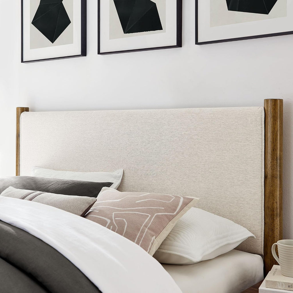 Modway Maven King Size Bed Frame in Ivory Walnut with Upholstered Fabric Headboard and Footboard – Wood King Platform Bed Frame – No Box Spring Needed