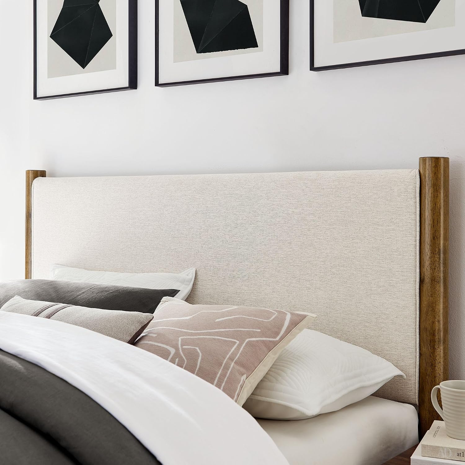 Modway Maven King Size Bed Frame in Ivory Walnut with Upholstered Fabric Headboard and Footboard – Wood King Platform Bed Frame – No Box Spring Needed