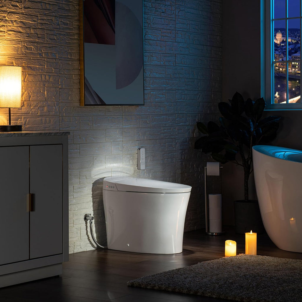 WOODBRIDGE B0970S One Piece Elongated Smart Tankless Bidet Toilet, ADA Height, Auto Flush, Foot Sensor Operation, Heated Seat with Integrated Multi Function Remote Control in White