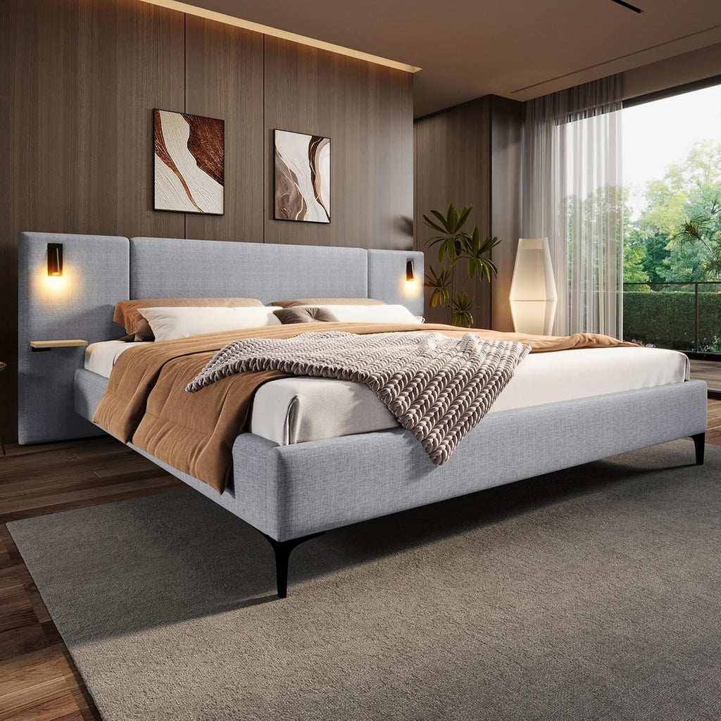 Merax Queen Size Chic Boucle Upholstered Platform Bed with Integrated Lights and Shelves, Bed Frame with Iron Legs for Teens Adults, Grey