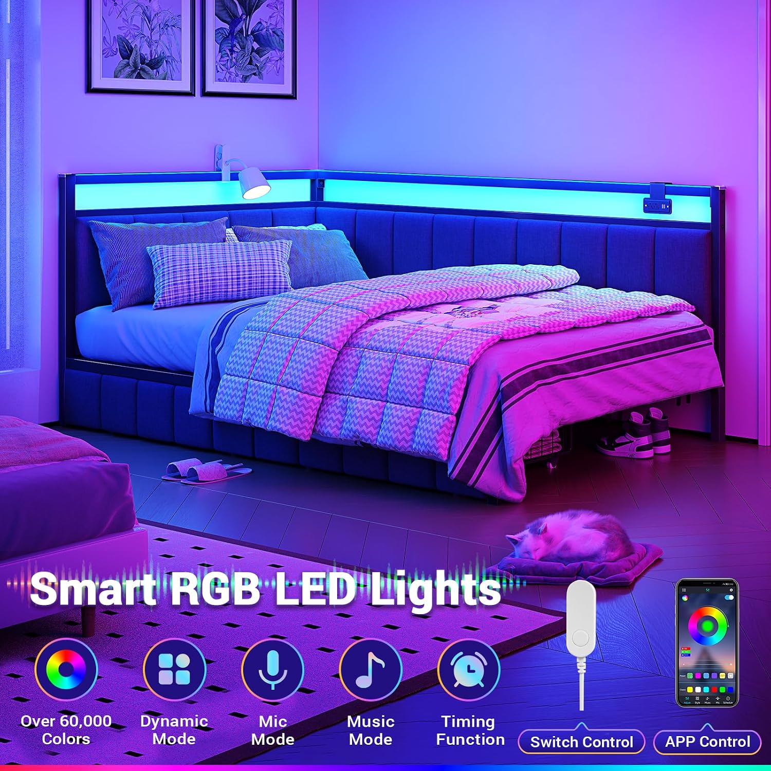 Hasuit Corner Bed Frame with Storage Drawers, Twin Daybed with Line Fabric Upholstered Fence, Kids Bed Unit with LED Light and Charging Station, Modern Bed Frame
