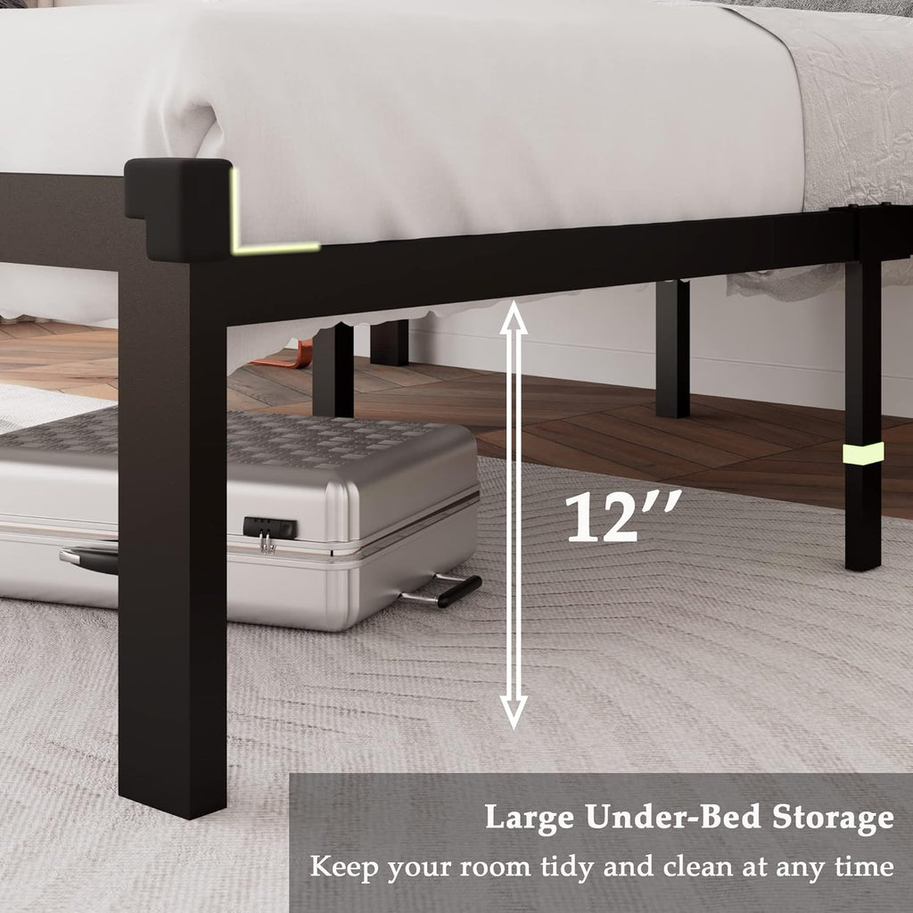 Feonase Queen Size Metal Bed Frame with Faux Leather Button Tufted Headboard, Heavy-Duty Platform Bed Frame with 12' Storage, Steel Slats Support, No Box Spring Needed, Noise Free, Black