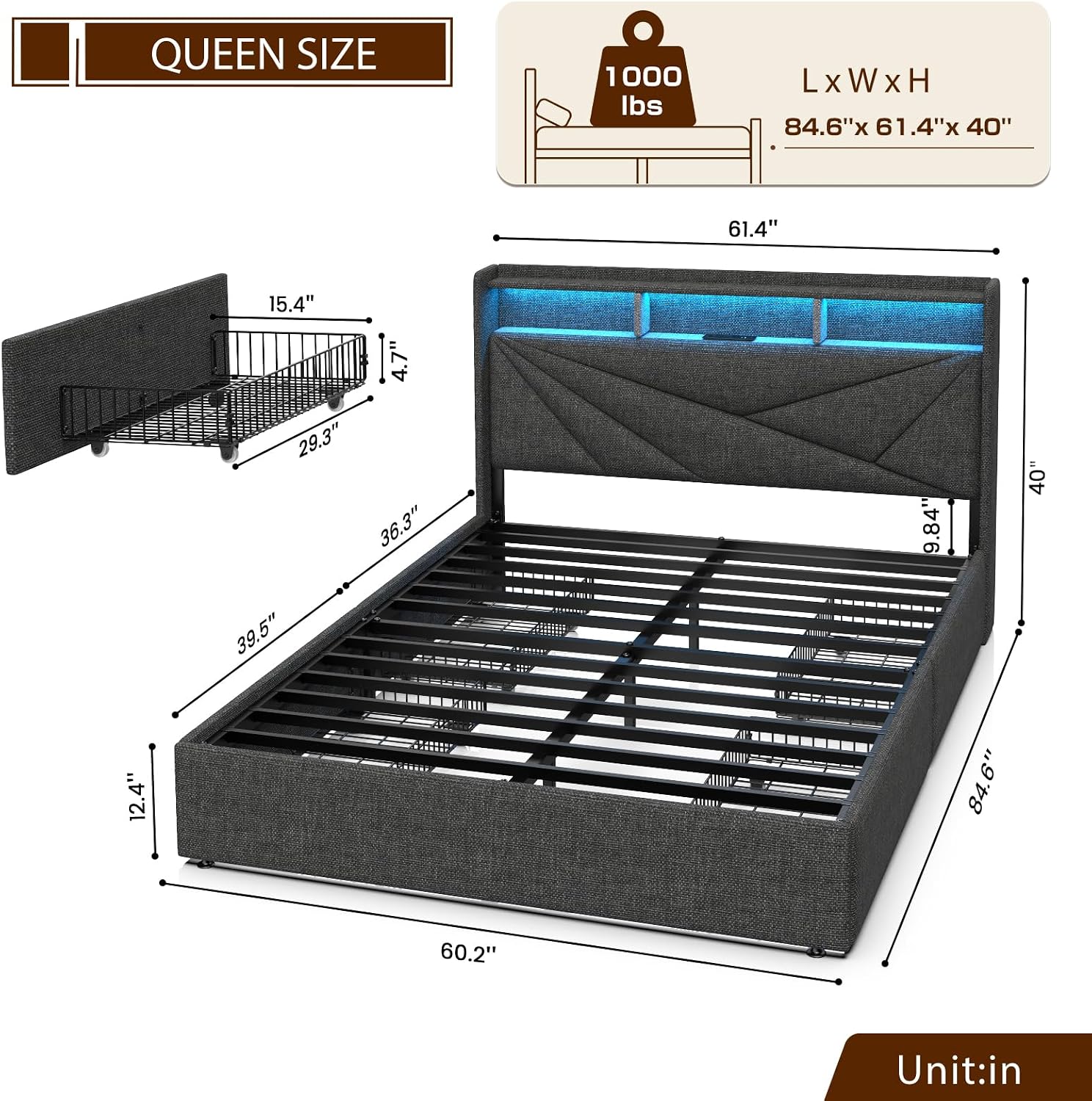 Driftalia LED Queen Bed Frame with 4 Storage Drawers, Upholstered Bed Frame Queen Size with 2-Tier Headboard and Charging Station, No Box Spring Needed, Easy to Assembly - Dark Grey