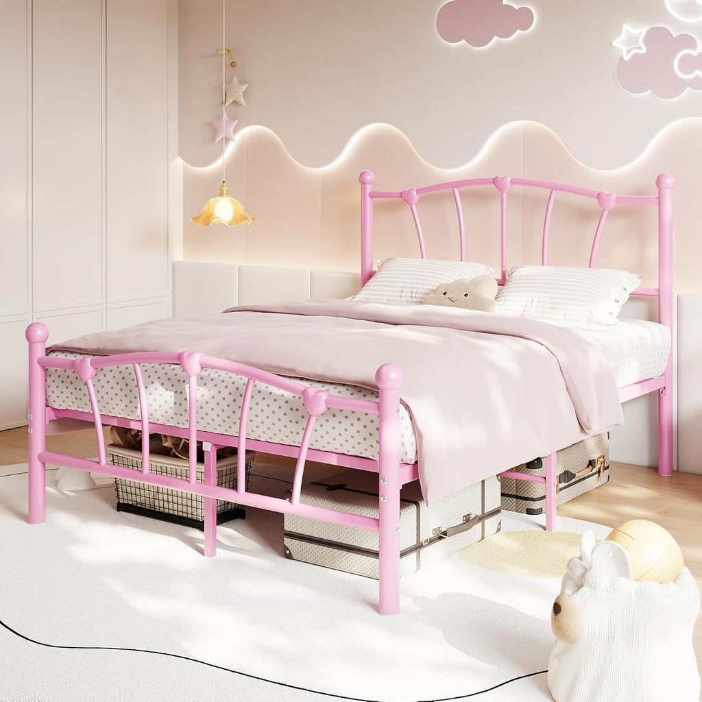 GarveeHome Full Size Bed Frame, Heart Shaped Metal Bed Frame with Headboard and Footboard, Platform Bed Frame with Sturdy Slat Support, Underbed Storage Space, No Box Spring Needed, Pink