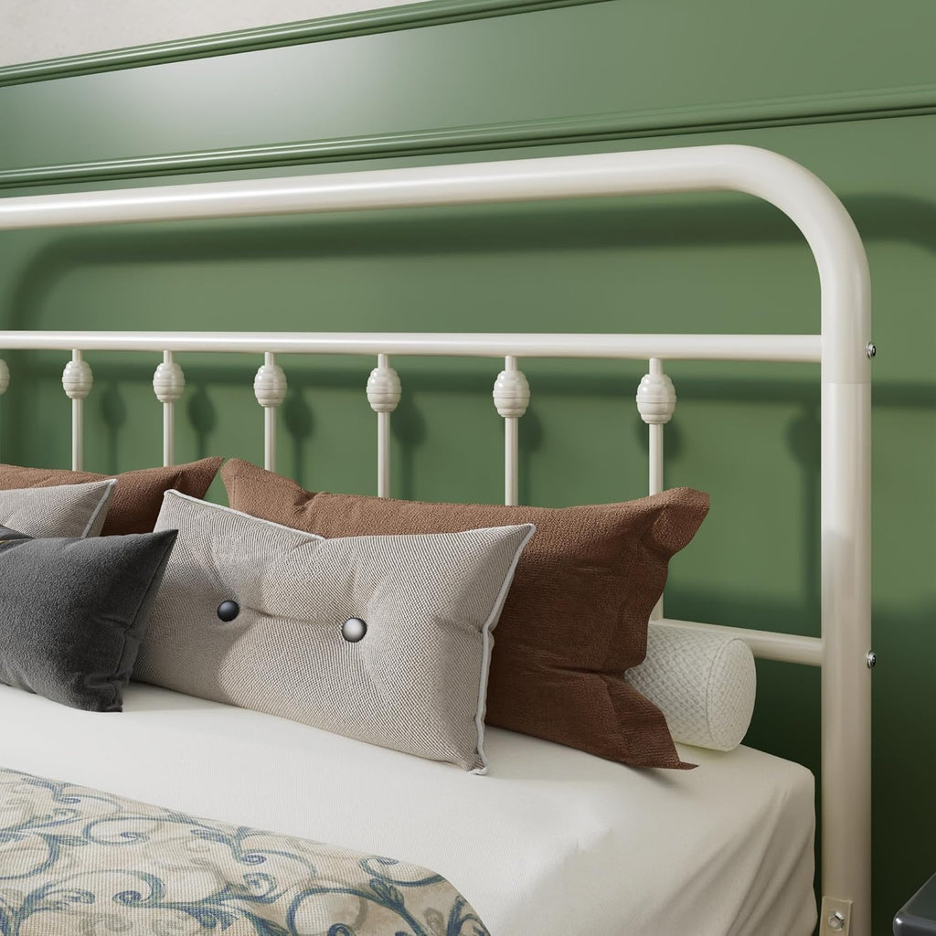 SHA CERLIN Full Size Metal Platform Bed Frame with Victorian Style Iron-Art Headboard and Footboard, Easy Assembly, Under Bed Storage, No Box Spring Required, Off White
