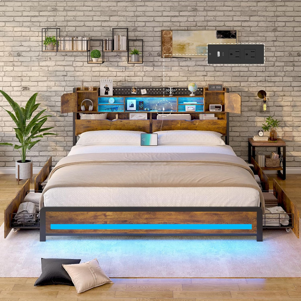 CSZZD King Size Bed Frame with Storage Drawers and Bookcase Headboard, Wooden Platform King Bed with LED Lights and Charging Station, Hidden Storage, No Box Spring Needed/Noise Free, Vintage Brown