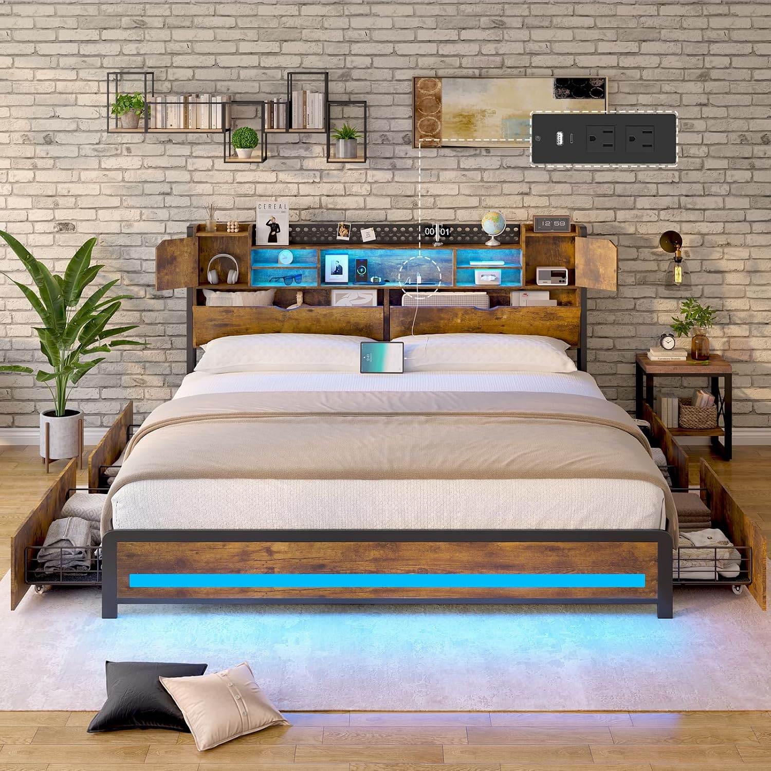 CSZZD King Size Bed Frame with Storage Drawers and Bookcase Headboard, Wooden Platform King Bed with LED Lights and Charging Station, Hidden Storage, No Box Spring Needed/Noise Free, Vintage Brown