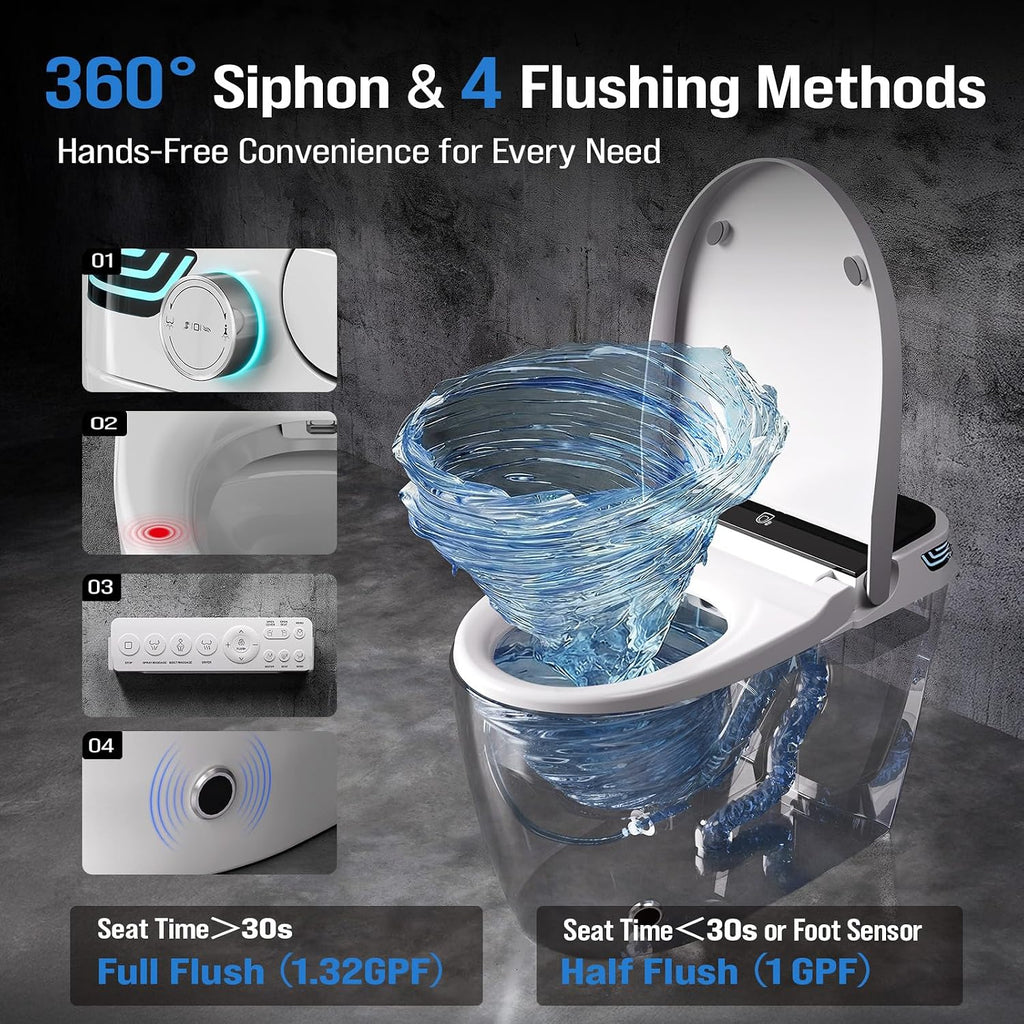 Tankless Smart Toilet Bidet with Auto Open/Close, Dual Auto Flush, Heated Seat, Air Dryer, Multiple Cleaning Modes, One-Piece Design, Blackout Flush, Ideal for Modern Bathrooms