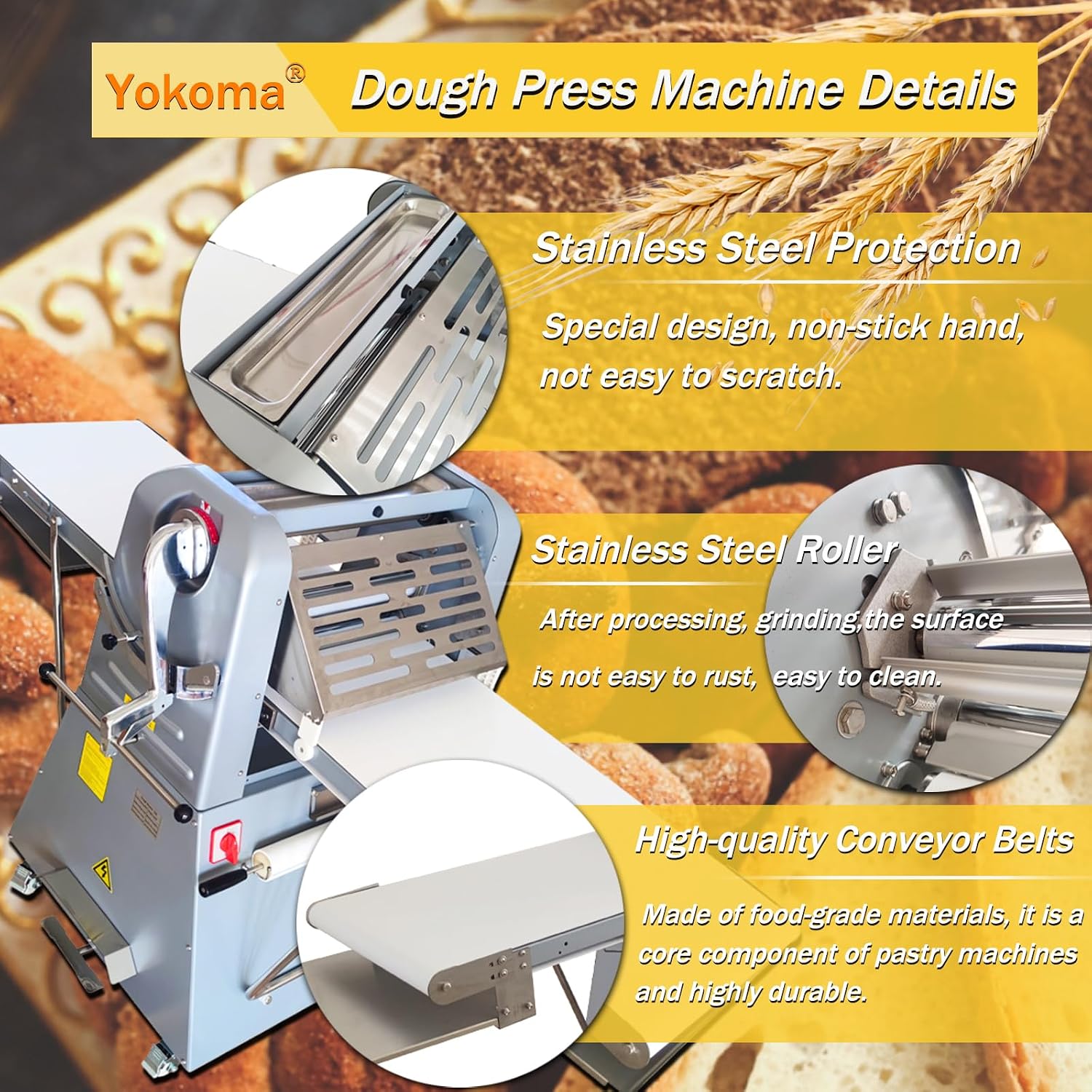 Commercial Electric Dough Sheeter Machine Stainless Steel Vertical Foldable Design 82.3'x19.7' Conveyor Belt 0.04-2' Adjustable Thickness for Croissant Pastry Bakery Canteen 110V
