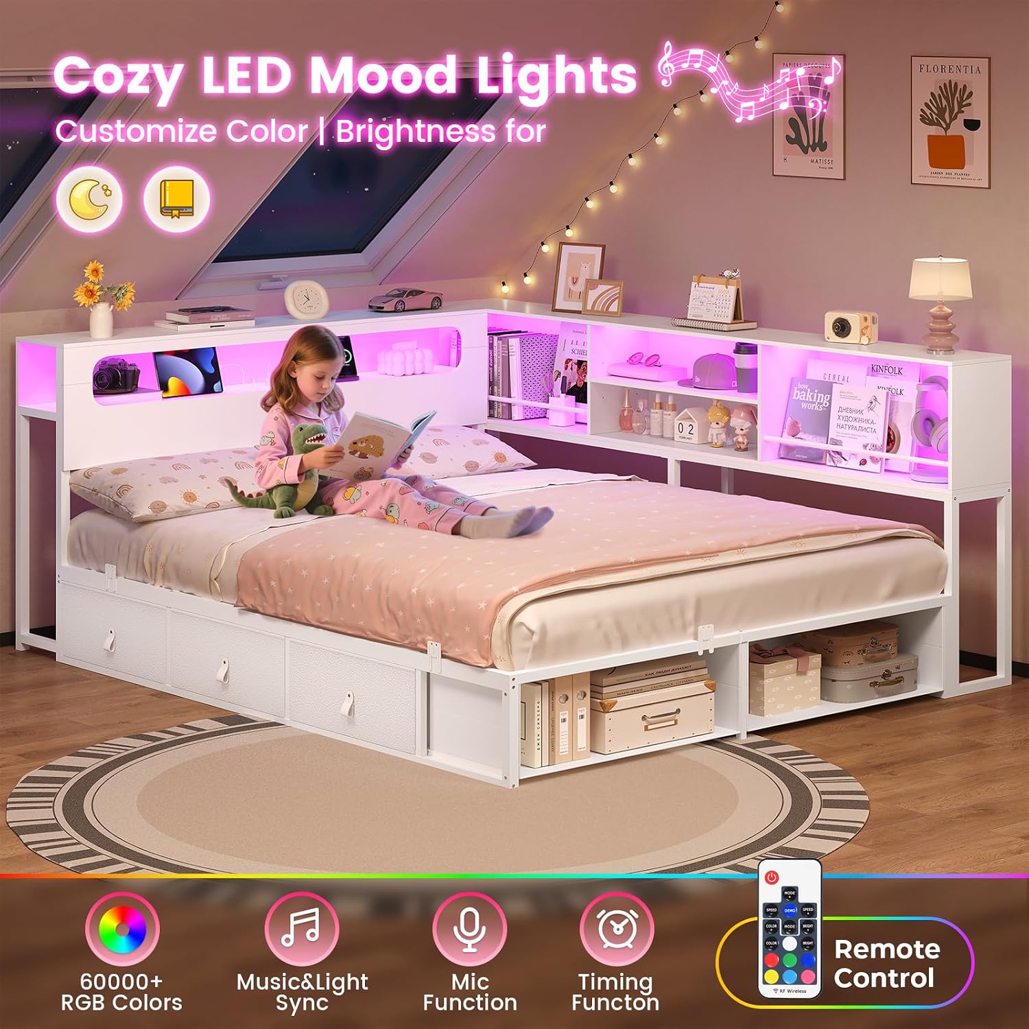 ADORNEVE Twin Corner Bed Frame with Bookcase Storage & LED Light Headboard, Charging Station, Metal Daybed with 3 Drawers & 2 Open Cubbies, for Small Bedrooms, White