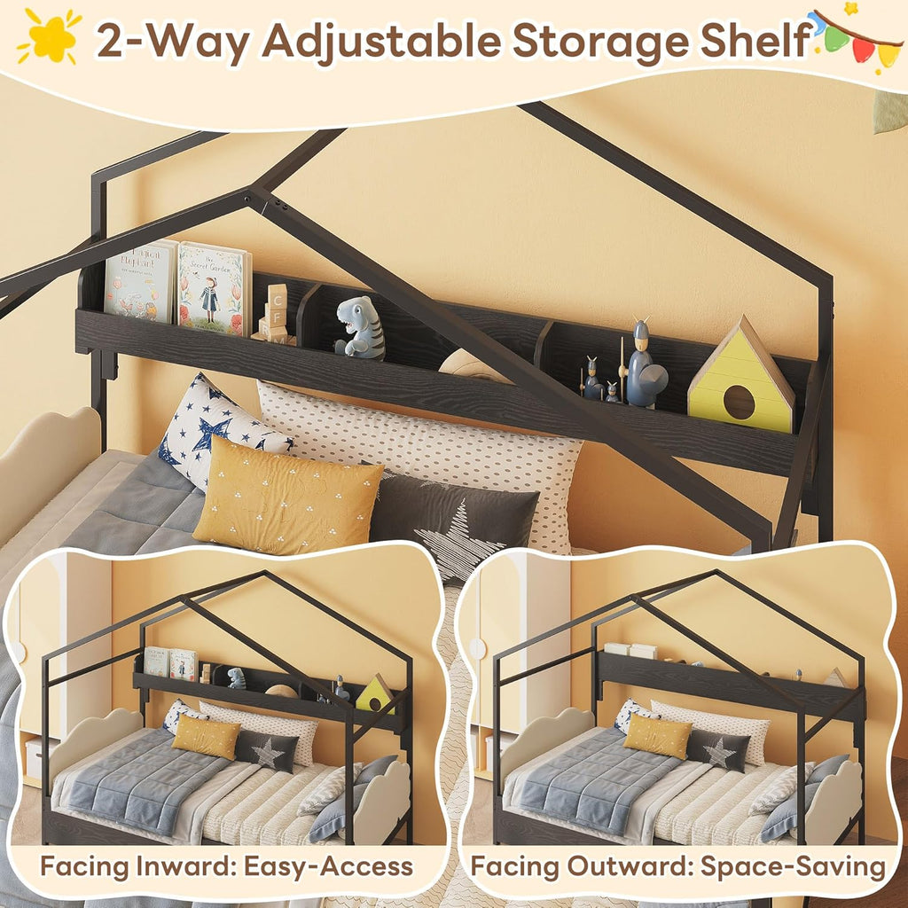 LIKIMIO Twin Corner Bed Frame with 2 Storage Drawers, DIY House Bed with Bookshelf & Curved Upholstered Headboard & Footboard, Twin Bed Frames for Bedroom, No Box Spring Needed, Black-White