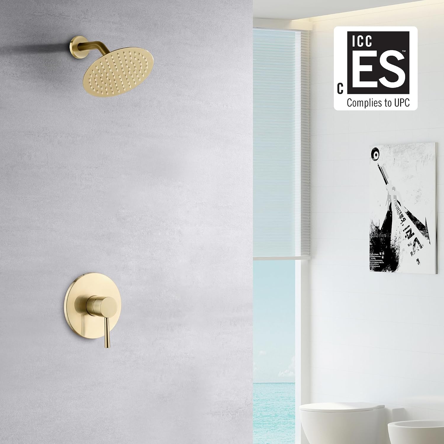 sumerain Shower Faucet Set Brushed Gold, Anti-scald Pressure Balance Valve, 8 Inches Extra-thin Rain Shower Head, with Non-return Check Valves