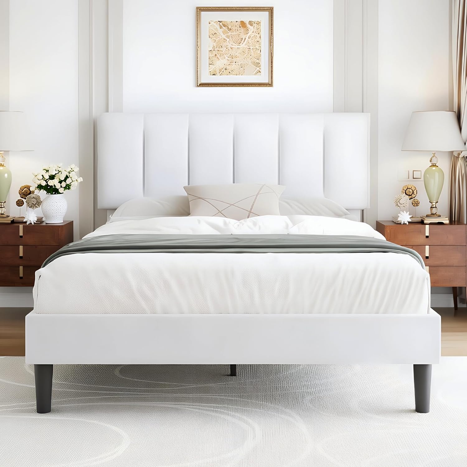 VECELO Queen Size Bed Frame with Upholstered Headboard, Heavy-Duty Bedframe with Wooden Slats & Steel Framework, Easy Assembly, Pure White