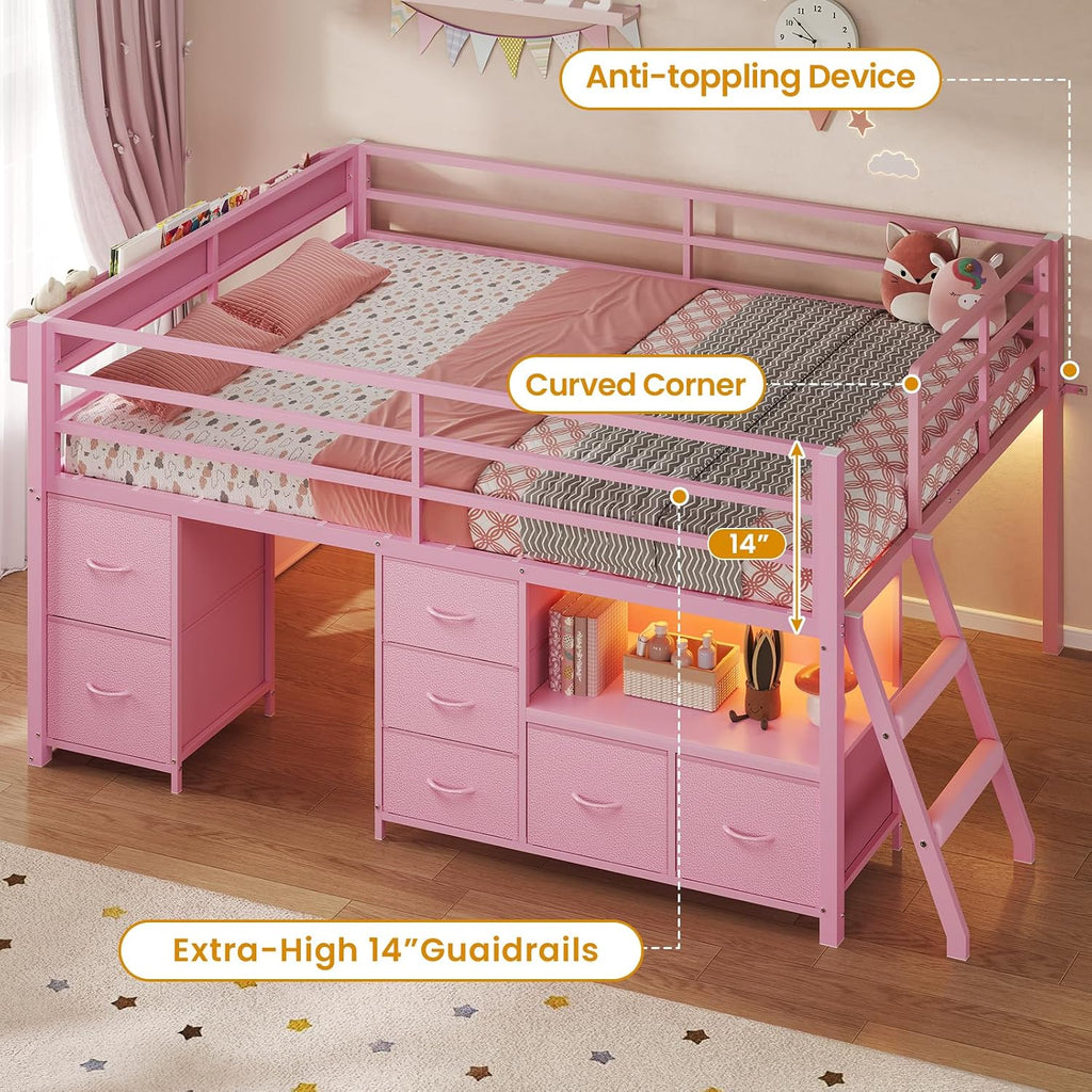 ADORNEVE Low Loft Bed Full Size with 7 Storage Drawers, Bookcase and LED Lights, Metal Kids Loft Bed with 14' H Safety Guardrail,Inclined Ladder and Play Curtain, Under-Bed Play Space, Pink