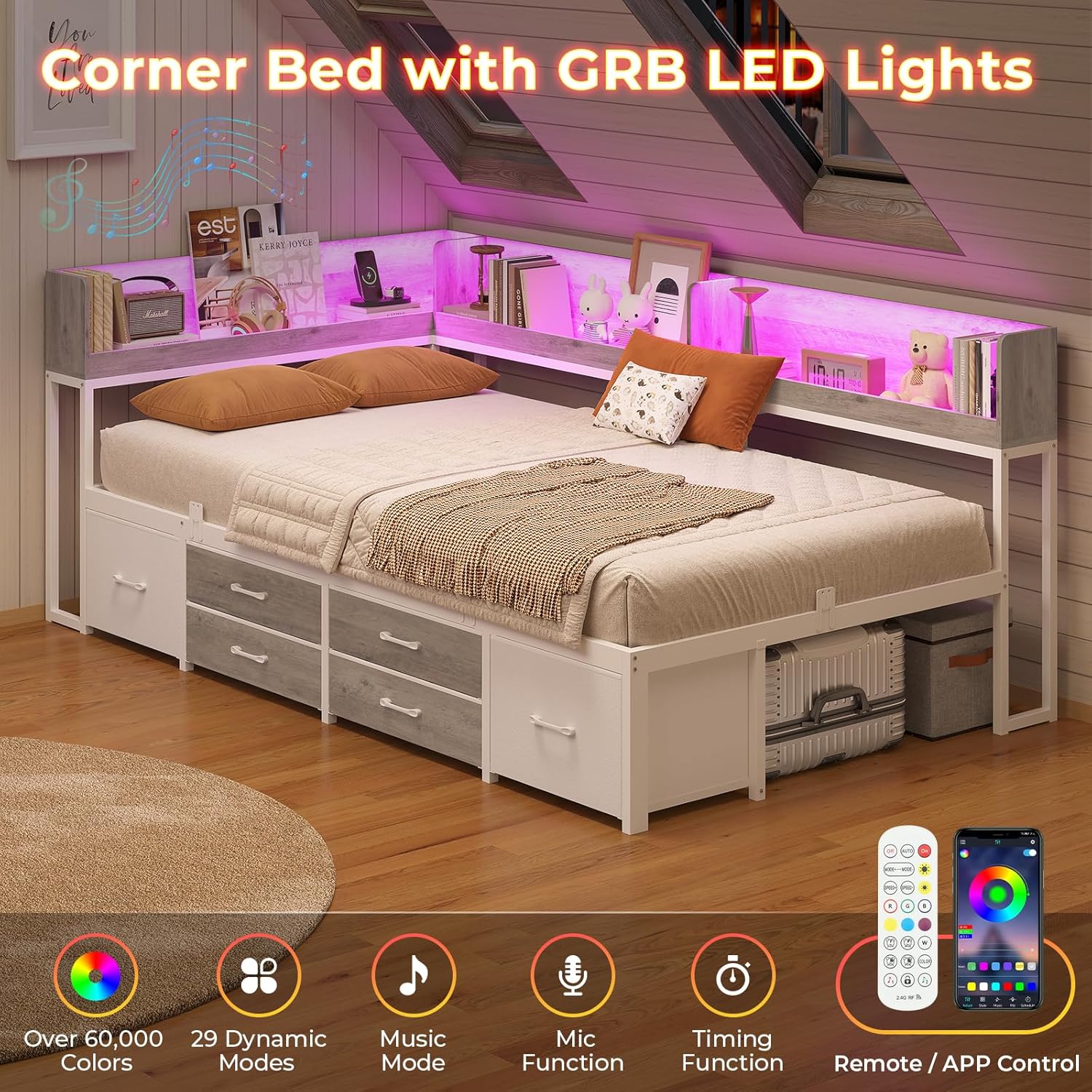 MSmask 14 Inch Corner Bed Frame with Bookcase Storage, Twin Daybed with 6 Drawers, Charging Station and LED Light, Twin Size Metal Platform Bed Frame for Kids Teenagers, White & Oak Grey