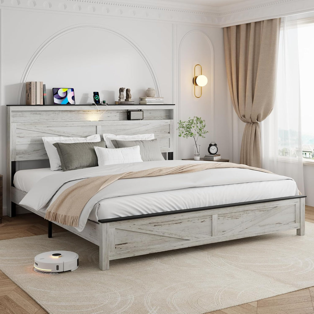 King Size Bed Frame with Headboard, Rustic Farmhouse Wood Bed Frame with LED Lights and Charging Station, Easy Assembly, No Box Spring Needed (White, King)