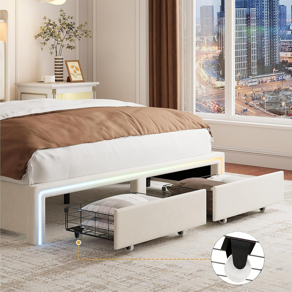 Full LED Bed Frame with Storage Headboard & Charging Station, Velvet Fabric Platform Bed Frames with 4 Drawers, Button Tufted Upholstered, No Box Spring Needed, Noise Free, Beige