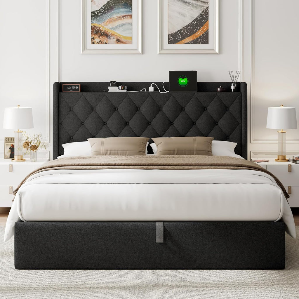 Feonase Lift Up Storage Bed Frame with Charging Station, Button Tufted Headboard Platform Bed Frame with Hydraulic Storage, Wooden Slat Support, No Box Spring Needed, Noise-Free (Black, Queen)