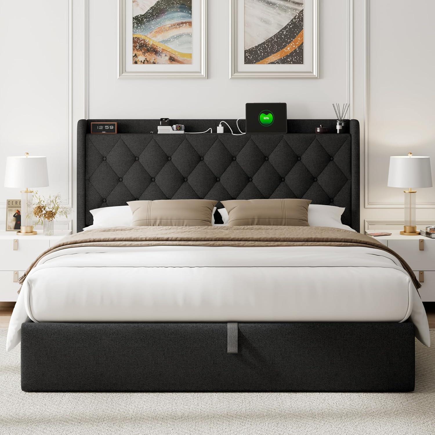 Feonase Lift Up Storage Bed Frame with Charging Station, Button Tufted Headboard Platform Bed Frame with Hydraulic Storage, Wooden Slat Support, No Box Spring Needed, Noise-Free (Black, Queen)