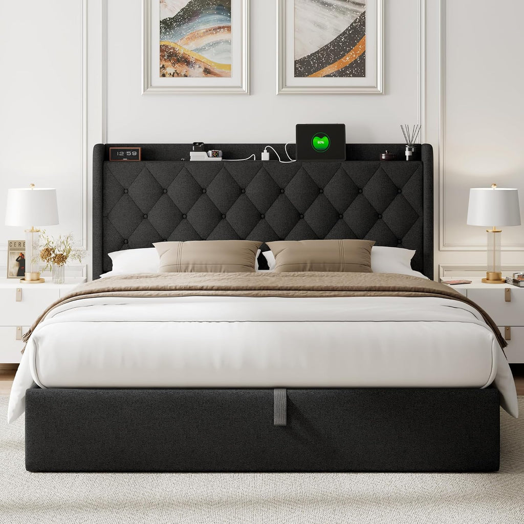 Feonase Full Size Bed Frame with Storage & Charging Station - Hydraulic Lift Up Platform Bed, Upholstered Button Tufted Headboard, Sturdy Wooden Slats, Noise-Free, No Box Spring Needed,Black